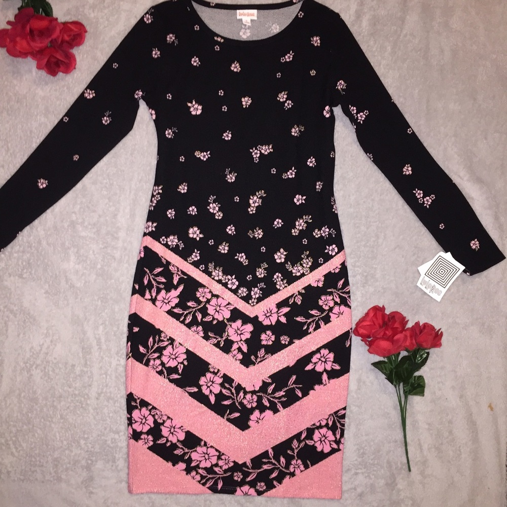 S LuLaRoe Elegant Debbie Dress Black & Pink Roses